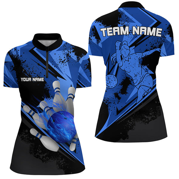 Personalized black & blue flame Bowling Polo, Quarter Zip shirt For women custom bowling team jerseys NQS7579