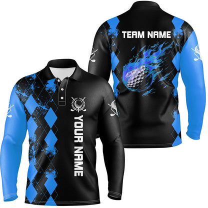 Black Mens golf polo shirts custom blue argyle pattern flame golf ball golf tops for mens NQS7713