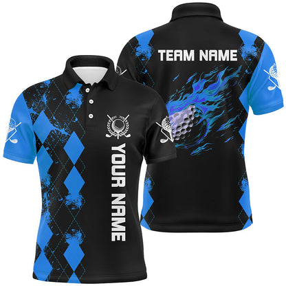 Black Mens golf polo shirts custom blue argyle pattern flame golf ball golf tops for mens NQS7713