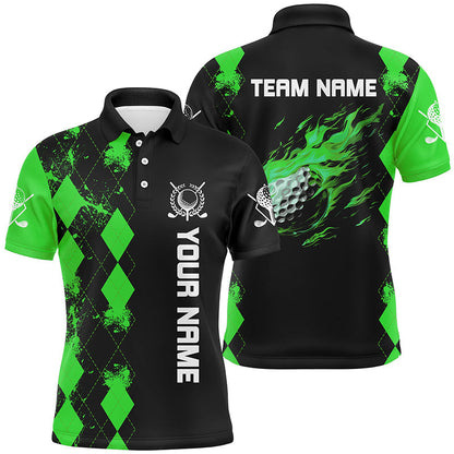 Black Mens golf polo shirts custom green argyle pattern flame golf ball golf tops for mens NQS7714