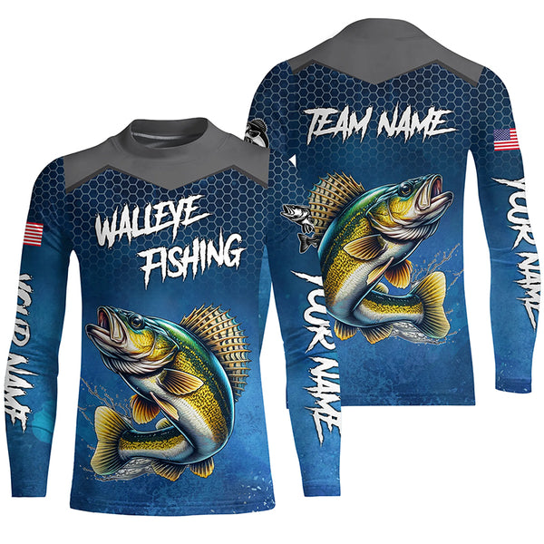 Blue camo Walleye fishing Custom performance long sleeve team Walleye fishing tournament shirts NQS7718