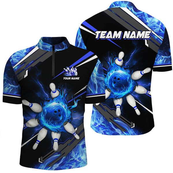 Black and Blue Flame Bowling ball pins Mens polo, Quarter zip Shirts Custom team Bowling jerseys NQS7972