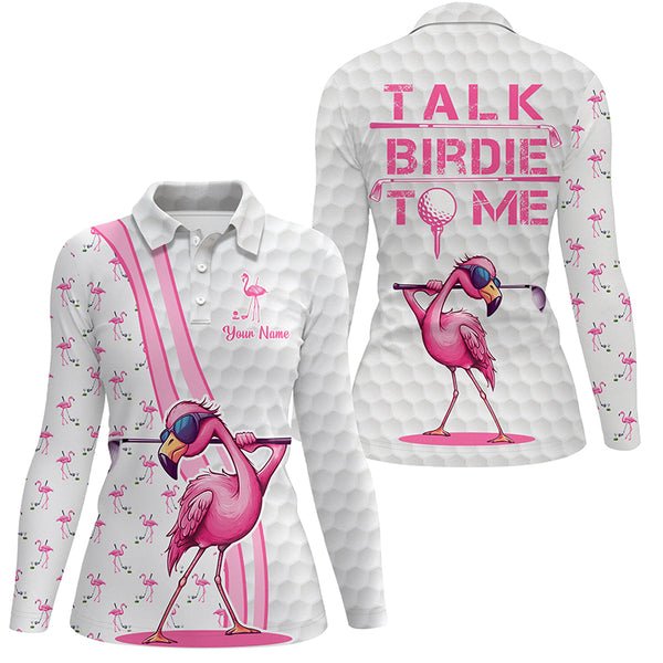 Funny Womens golf polo shirt custom pink and white flamingo golf shirts talk birdie to me NQS8610