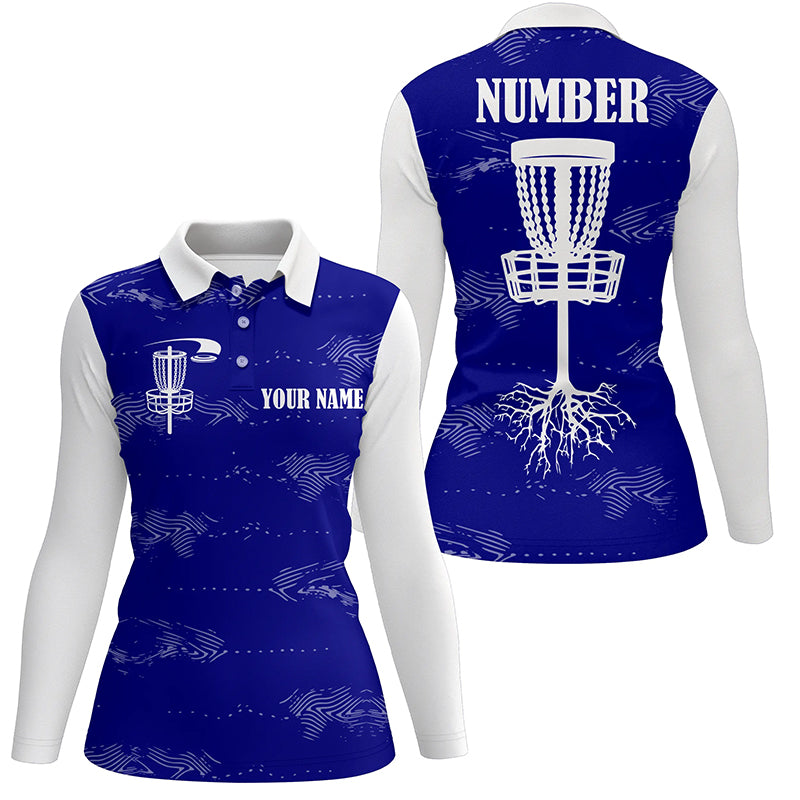 Blue and white Womens disc golf polo shirt custom disc golf basket, personalized disc golf gifts NQS6757