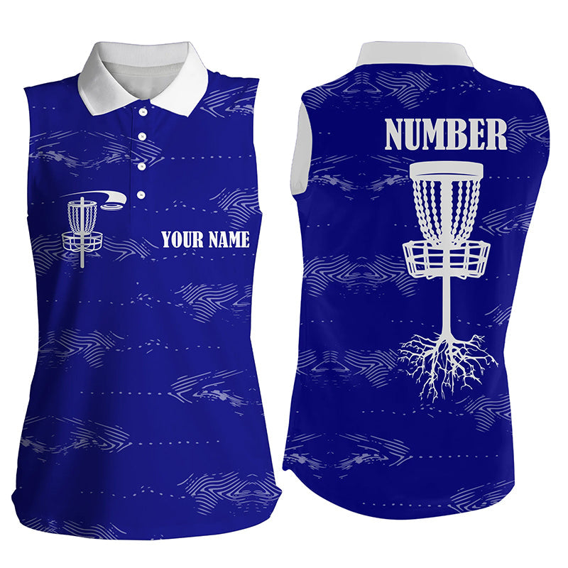 Blue and white Women sleeveless disc golf polo shirt custom disc golf basket, personalized golf gifts NQS6757