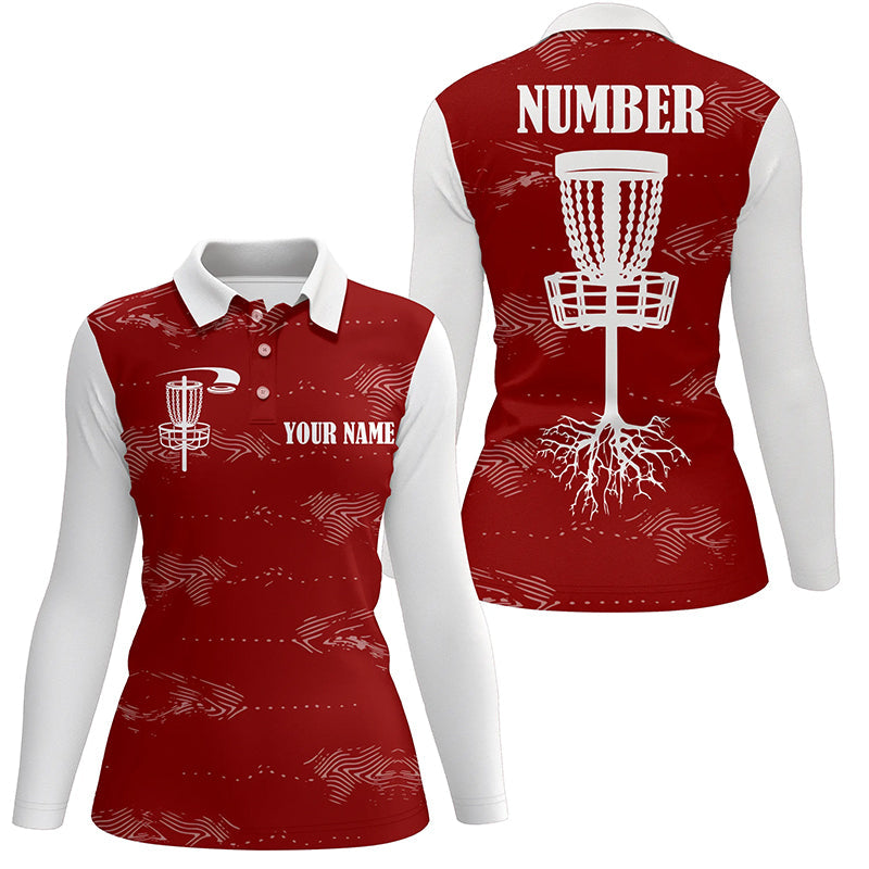 Red and white Womens disc golf polo shirt custom disc golf basket, personalized disc golf gifts NQS6758