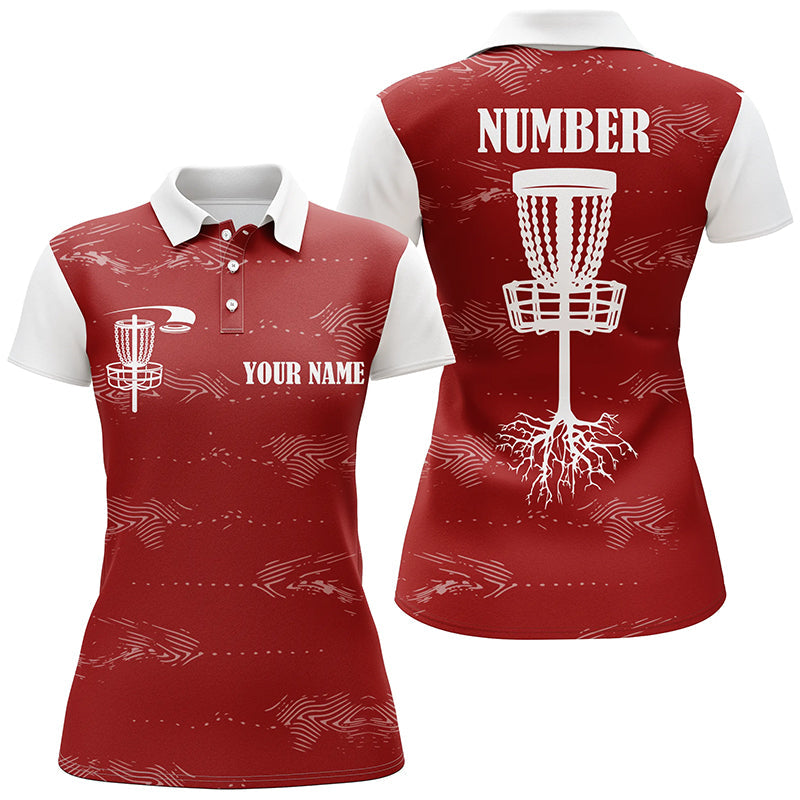 Red and white Womens disc golf polo shirt custom disc golf basket, personalized disc golf gifts NQS6758