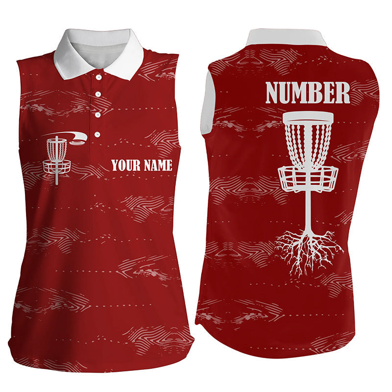 Red and white Women sleeveless disc golf polo shirt custom disc golf basket, personalized golf gifts NQS6758