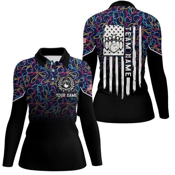 Black bowling camo Women bowling polo shirt Custom American flag patriotic bowling team league jerseys NQS6759