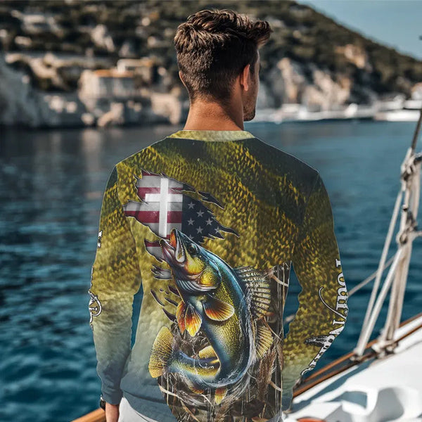 Walleye Fishing Scales Camo American Flag Faith patriotic Custom UV protection long sleeves shirts NQS9310