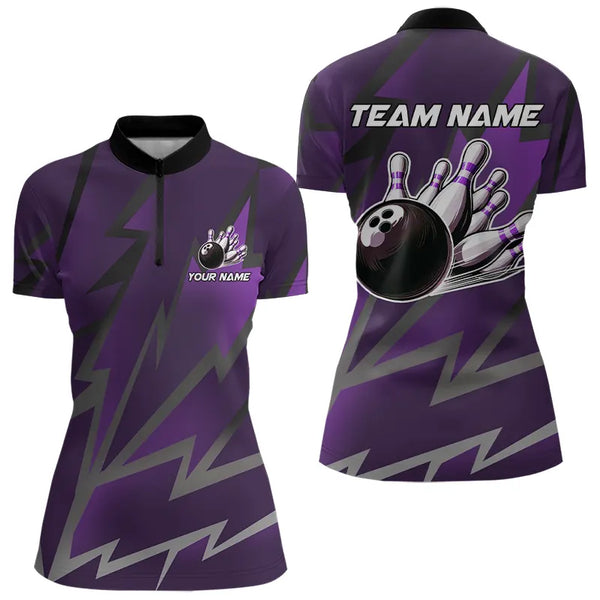 Purple Lightning Thunder Storm Team bowling shirts for women custom bowling Polo, Quarter zip jerseys NQS9625
