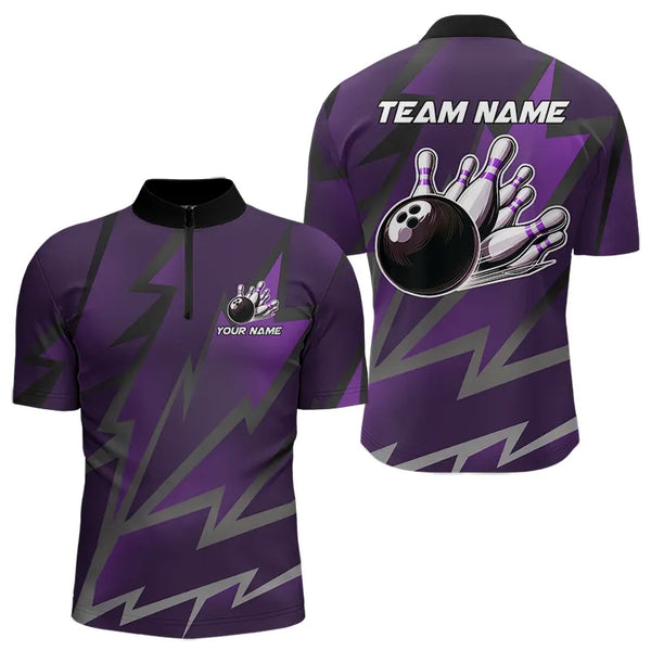 Purple Lightning Thunder Storm Team bowling shirts for Men custom bowling Polo, Quarter zip jerseys NQS9625