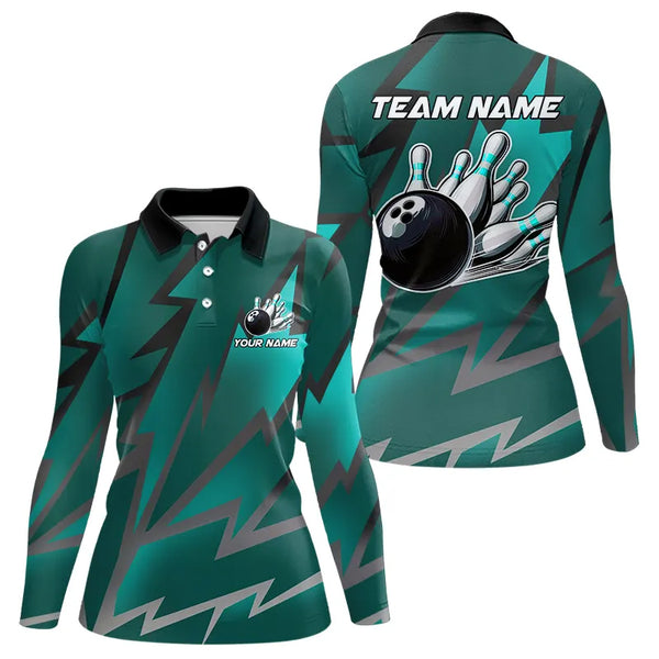 Cyan Blue Lightning Thunder Storm Team bowling shirt for women custom bowling Polo, Quarter zip jersey NQS9626