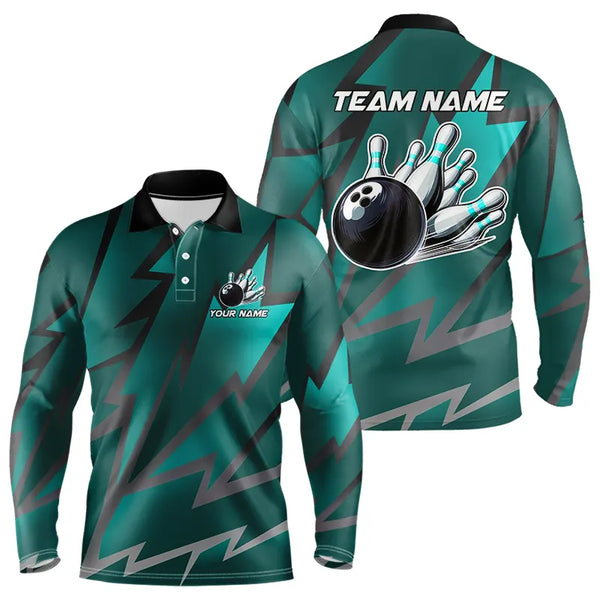 Cyan Blue Lightning Thunder Storm Team bowling shirts for Men custom bowling Polo, Quarter zip jerseys NQS9626