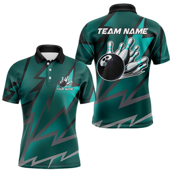 Cyan Blue Lightning Thunder Storm Team bowling shirts for Men custom bowling Polo, Quarter zip jerseys NQS9626