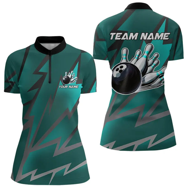 Cyan Blue Lightning Thunder Storm Team bowling shirt for women custom bowling Polo, Quarter zip jersey NQS9626