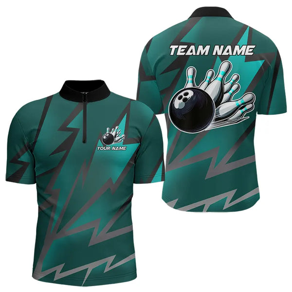 Cyan Blue Lightning Thunder Storm Team bowling shirts for Men custom bowling Polo, Quarter zip jerseys NQS9626