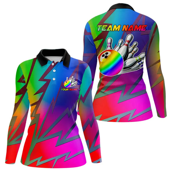 Colorful Rainbow Lightning Thunder Team bowling shirt for women custom bowling Polo, 1/4 zip jersey NQS9627