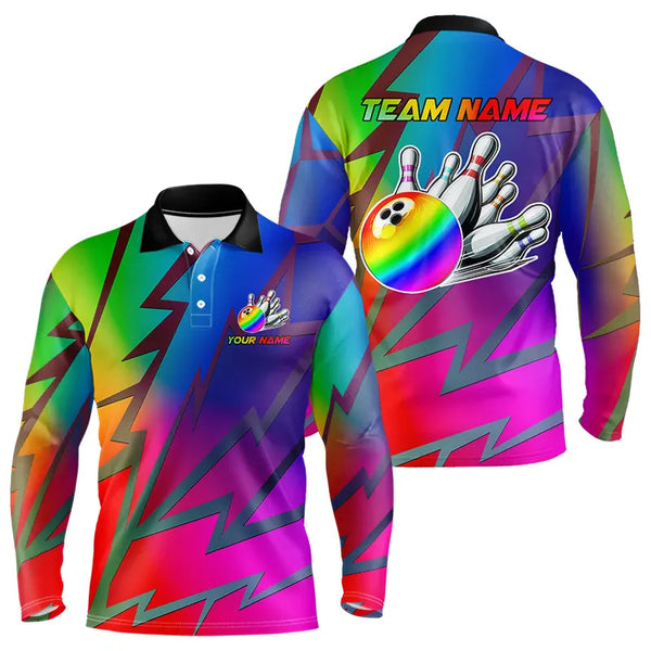 Colorful Rainbow Lightning Thunder Team bowling shirt for Men custom bowling Polo, 1/4 zip jersey NQS9627