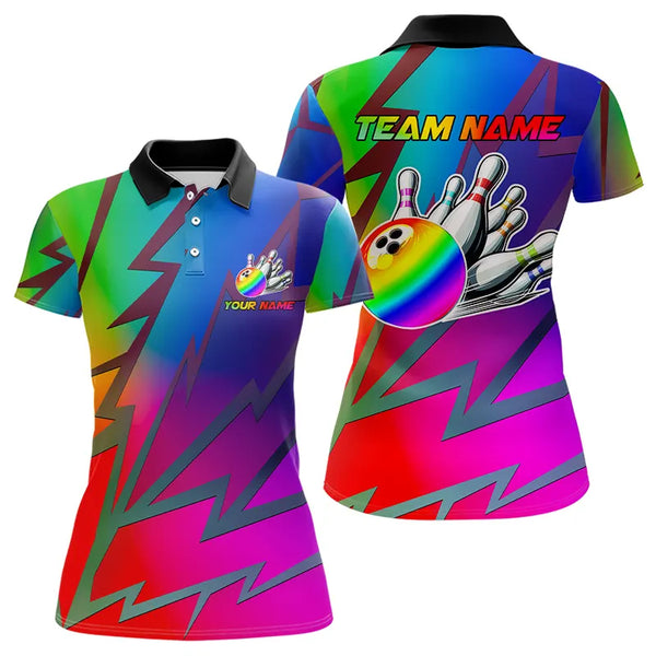 Colorful Rainbow Lightning Thunder Team bowling shirt for women custom bowling Polo, 1/4 zip jersey NQS9627