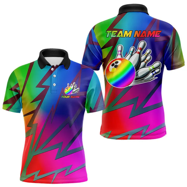 Colorful Rainbow Lightning Thunder Team bowling shirt for Men custom bowling Polo, 1/4 zip jersey NQS9627