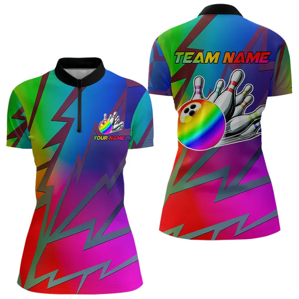 Colorful Rainbow Lightning Thunder Team bowling shirt for women custom bowling Polo, 1/4 zip jersey NQS9627