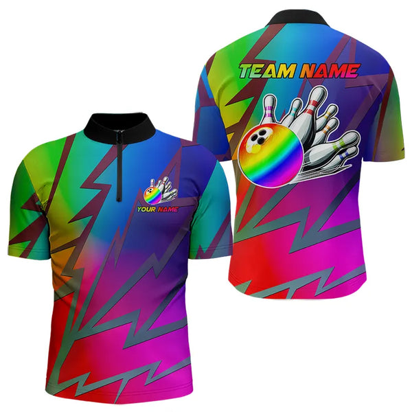 Colorful Rainbow Lightning Thunder Team bowling shirt for Men custom bowling Polo, 1/4 zip jersey NQS9627