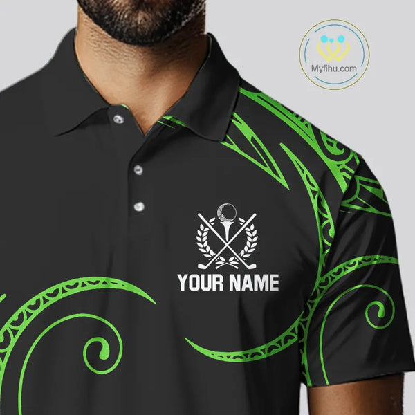 Black and Green Tribal Pattern Golf Ball Mens Golf Polo Shirts custom unique mens golf apparel NQS9820