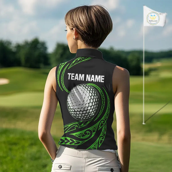 Black and Green Tribal Pattern Golf Ball Women Sleeveless Polo Shirt custom unique ladies golf apparel NQS9820