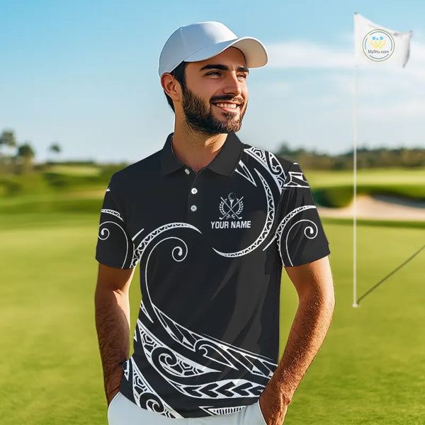 Black and White Tribal Pattern Golf Ball Mens Golf Polo Shirts custom unique mens golf apparel NQS9821