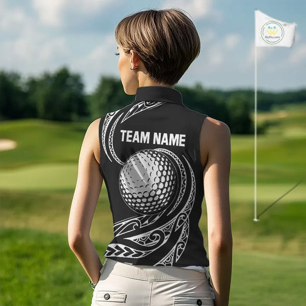 Black and White Tribal Pattern Golf Ball Women Sleeveless Polo Shirt custom unique ladies golf apparel NQS9821