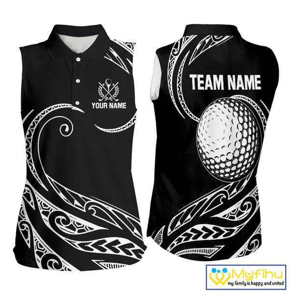 Black and White Tribal Pattern Golf Ball Women Sleeveless Polo Shirt custom unique ladies golf apparel NQS9821