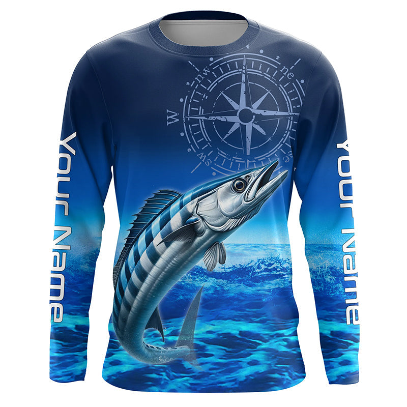 Personalized Wahoo Blue Long Sleeve Performance Fishing Shirts, compass tournament UV protection Shirt NQS5850