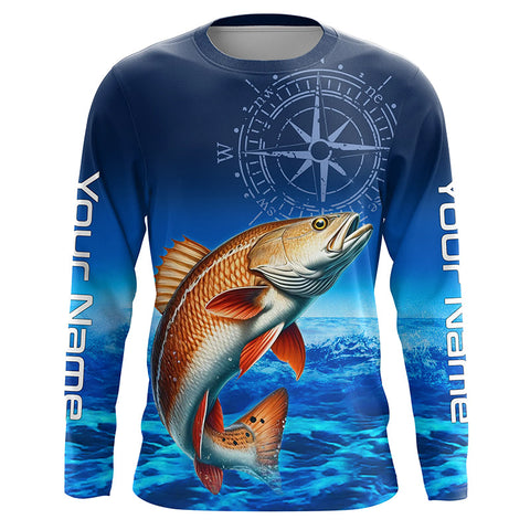 Personalized Redfish red drum Blue Long Sleeve Performance Fishing Shirts, compass tournament Shirt NQS5851