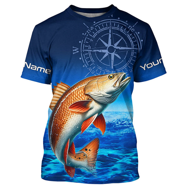 Personalized Redfish red drum Blue Long Sleeve Performance Fishing Shirts, compass tournament Shirt NQS5851