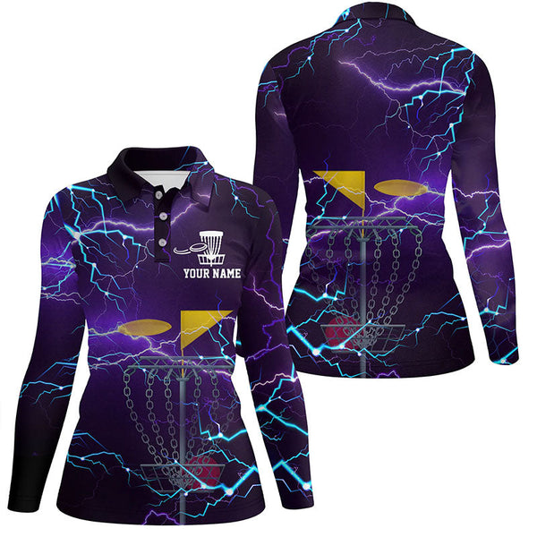 Womens disc golf polo shirt custom purple lightning disc golf basket disco golf outfit for women NQS6064