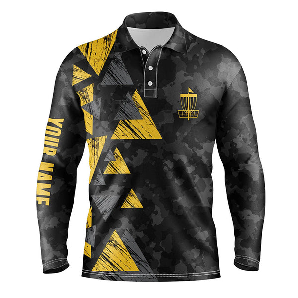 Yellow triangle and black camo Mens disc golf polo shirt custom disc golf outfit for men NQS6290