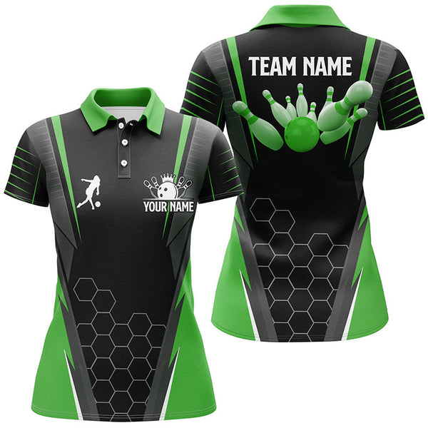 Black Women's Polo Bowling Shirt Custom Name Ladies Bowlers Jersey, team bowling outfits | Green NQS6502