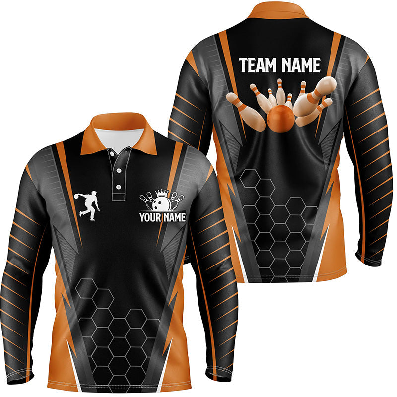 Black Men's Bowling polo Shirt Custom Name mens Bowlers Jersey, team bowling outfits | Orange NQS6503