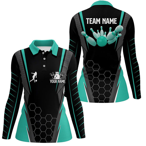 Black Women's Polo Bowling Shirt Custom Name Ladies Bowlers Jersey, team bowling outfits | Turquoise NQS6505