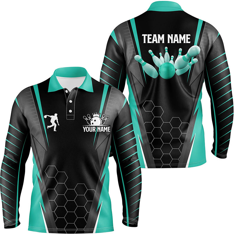 Black Men's Bowling polo Shirt Custom Name mens Bowlers Jersey, team bowling outfits | Turquoise NQS6505