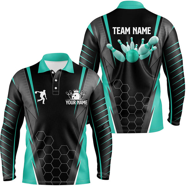 Black Men's Bowling polo Shirt Custom Name mens Bowlers Jersey, team bowling outfits | Turquoise NQS6505