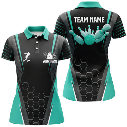 Black Women's Polo Bowling Shirt Custom Name Ladies Bowlers Jersey, team bowling outfits | Turquoise NQS6505