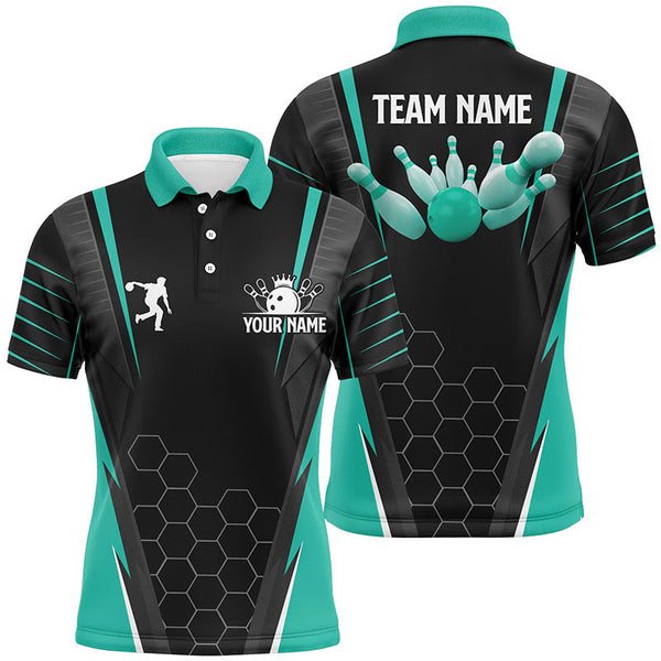 Black Men's Bowling polo Shirt Custom Name mens Bowlers Jersey, team bowling outfits | Turquoise NQS6505