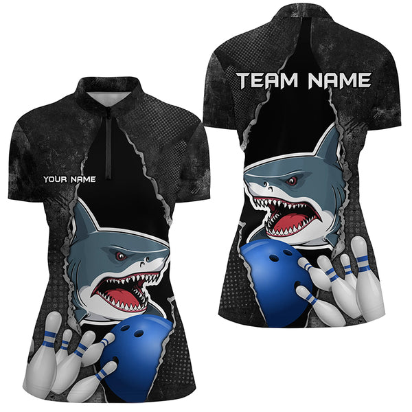 Shark grunge pattern Custom Women Bowling Polo, Quarter Zip Shirts Shark Bowling Team Jerseys Outfits NQS8841