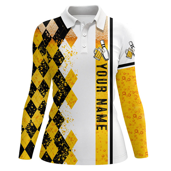 Funny black and yellow argyle Bowling beer Polo shirt for women custom team bowling jerseys for ladies NQS6950