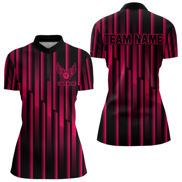 Black and Pink neon light pattern Bowling Polo, Quarter Zip Shirt For Women Custom Team Bowling Jersey NQS9106