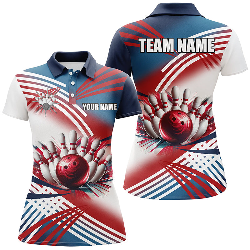 Red, white and blue Women bowling polo shirts Custom Team bowling ball and pins shirts for ladies NQS7234