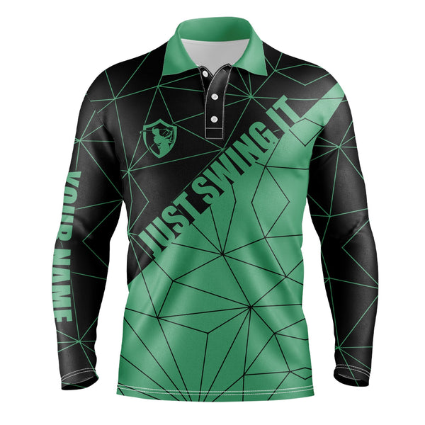 Mens golf polos shirts Just swing it custom name green geometric pattern golf shirts for men NQS5119