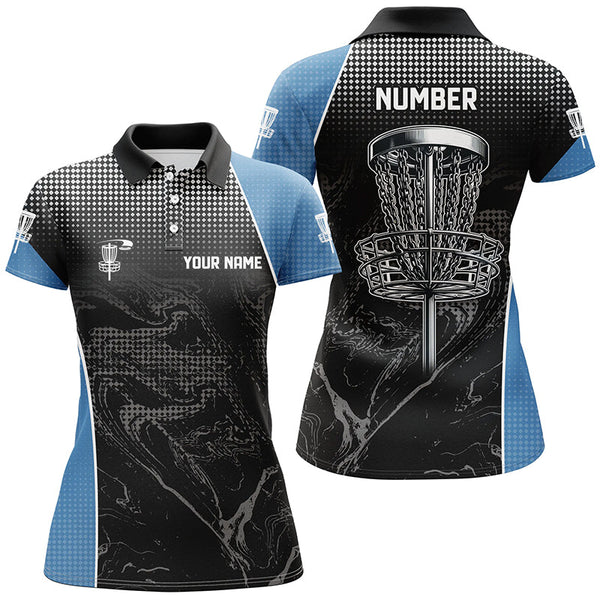 Black camo Women disc golf polo shirts custom team disc golf basket jerseys, unique golf gifts | Blue NQS7408